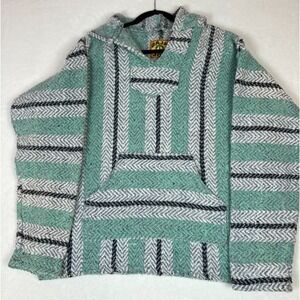 Baja Joe Mexican Poncho Hoodie  Green Gray Hippie Boho Festival Size Large